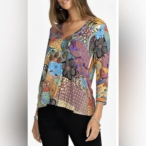 Johnny Was Colorful Floral V-Neck Top XXL